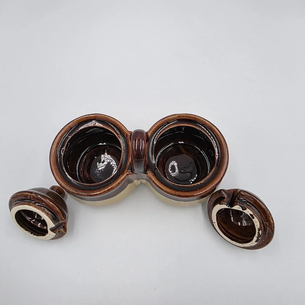 Vintage Condiment Serving Set‎ Lids Stoneware Brown Tan Pottery Double Jelly Jam